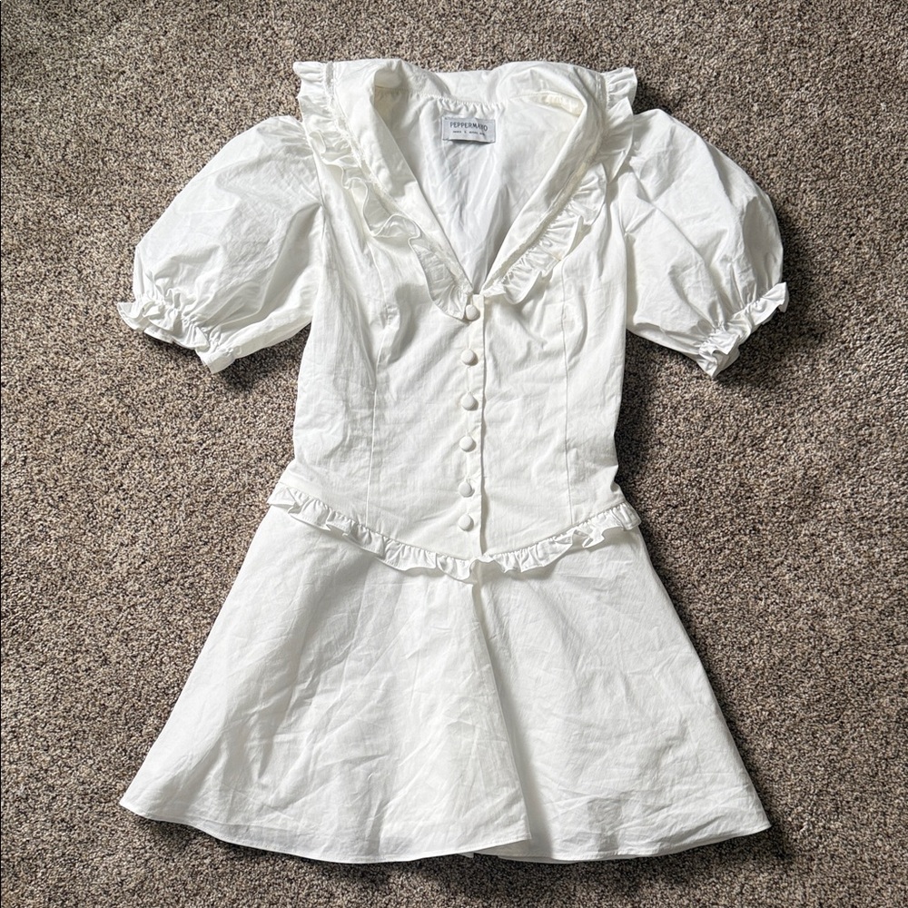 Peppermayo White Ruffle Puff Sleeve Mini Dress
